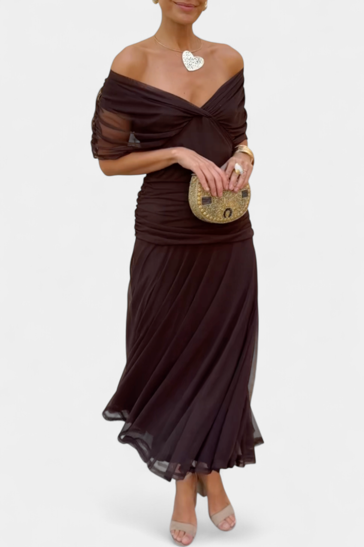 Robe Midi Élégante Femme à Épaules Dénudées, Bodice Drapé et Froncé, Florale et Féminine – Lowenna