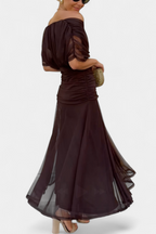 Robe Midi Élégante Femme à Épaules Dénudées, Bodice Drapé et Froncé, Florale et Féminine – Lowenna