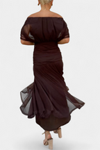 Robe Midi Élégante Femme à Épaules Dénudées, Bodice Drapé et Froncé, Florale et Féminine – Lowenna