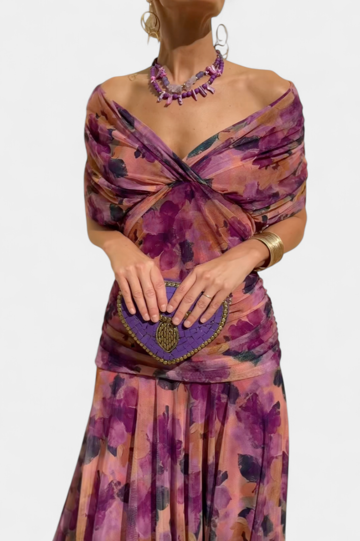Robe Midi Élégante Femme à Épaules Dénudées, Bodice Drapé et Froncé, Florale et Féminine – Lowenna