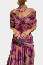 Robe Midi Élégante Femme à Épaules Dénudées, Bodice Drapé et Froncé, Florale et Féminine – Lowenna