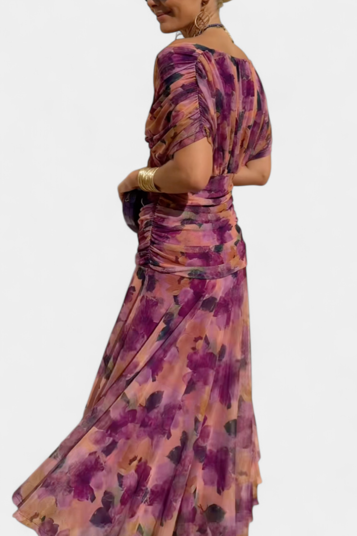Robe Midi Élégante Femme à Épaules Dénudées, Bodice Drapé et Froncé, Florale et Féminine – Lowenna