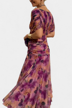 Robe Midi Élégante Femme à Épaules Dénudées, Bodice Drapé et Froncé, Florale et Féminine – Lowenna
