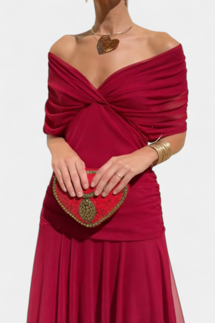 Robe Midi Élégante Femme à Épaules Dénudées, Bodice Drapé et Froncé, Florale et Féminine – Lowenna