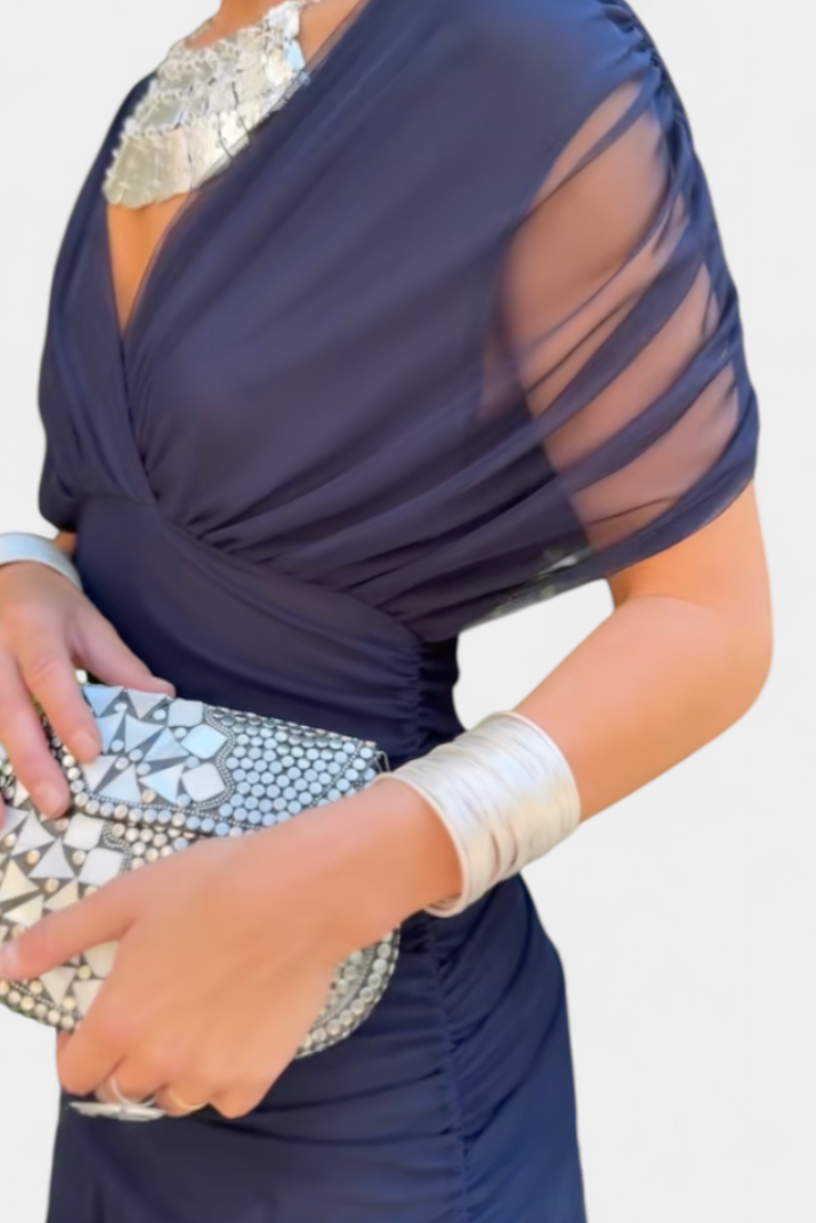 Robe Midi Élégante Femme à Épaules Dénudées, Bodice Drapé et Froncé, Florale et Féminine – Lowenna