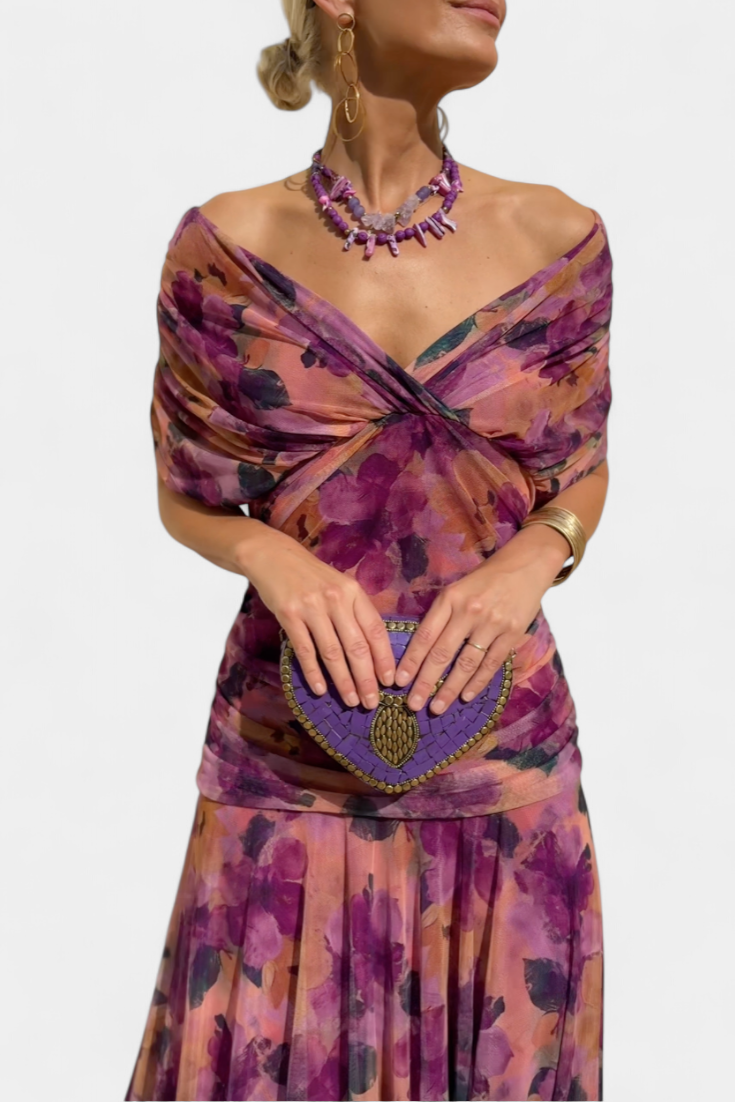 Robe Midi Élégante Femme à Épaules Dénudées, Bodice Drapé et Froncé, Florale et Féminine – Lowenna
