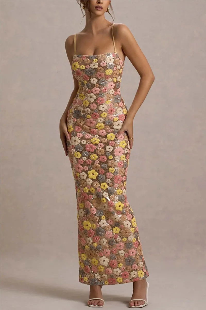 Vestido Mujer Largo Lentejuelas Flores Patchwork Sin Mangas Tirantes Bodycon Fiesta Formal Gala Cóctel Noche de Cita Boda Invitada Alfombra Roja – Aurelia