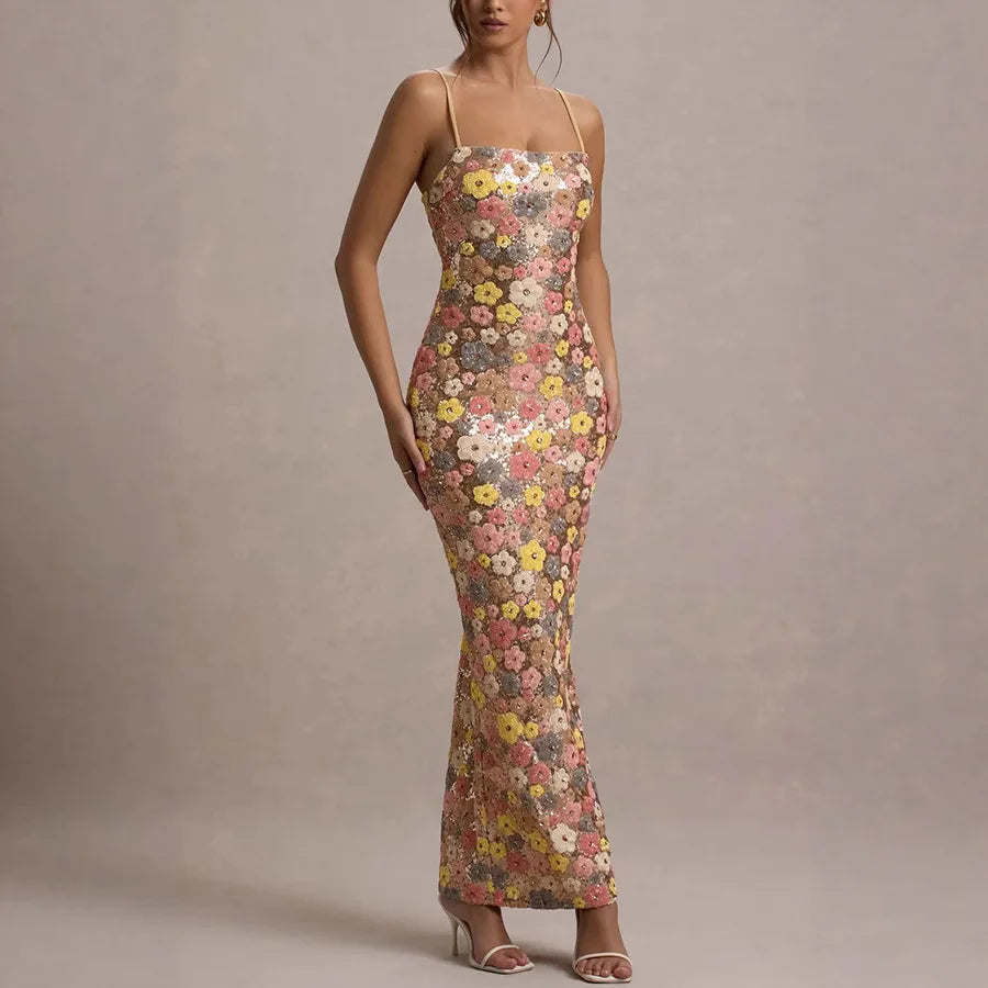 Vestido Mujer Largo Lentejuelas Flores Patchwork Sin Mangas Tirantes Bodycon Fiesta Formal Gala Cóctel Noche de Cita Boda Invitada Alfombra Roja – Aurelia
