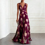 Robe Longue Femme Col V Profond Sans Manches Drapée Chiffon Imprimé Floral Mariage Soirée Garden Party Bal – Tulipane