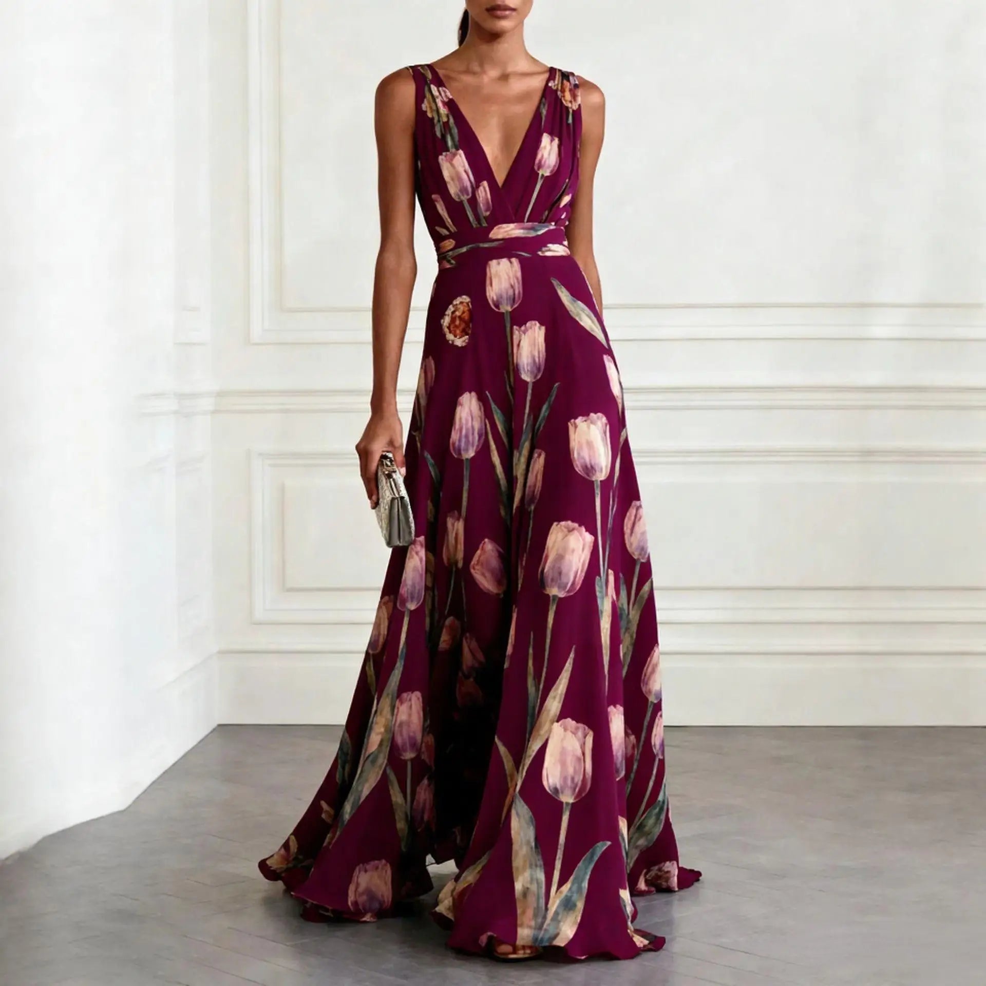 Robe Longue Femme Col V Profond Sans Manches Drapée Chiffon Imprimé Floral Mariage Soirée Garden Party Bal – Tulipane