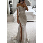 Robe de Soirée Élégante Longue à Épaules Dégagées en Sequins avec Fente – Wensilian