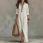 Robe Longue Chemise Femme Coton Fluide Col Rabattu Manches Trois-Quarts Ample Casual Chic Vacances Quotidien – Agnoline