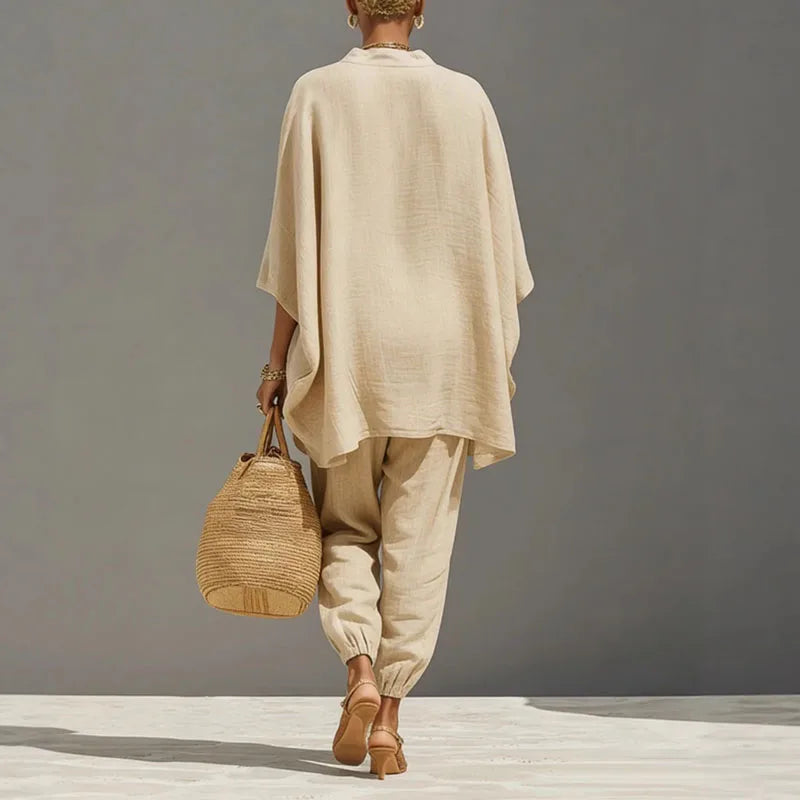 Dames tweedelig set van linnen, vloeiende top met vleermuismouwen, taps toelopende broek, casual chic, avond, vakantie – Cordélia