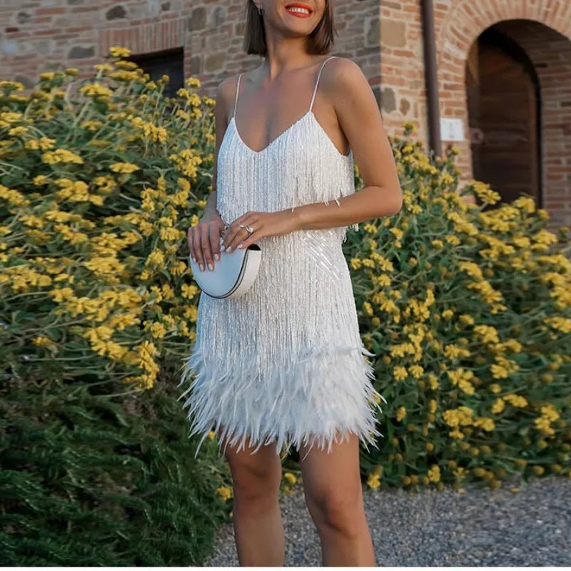 Robe Mini Élégante en Sequins avec Plumes Roses à Bretelles Spaghetti pour Soirée Cocktail