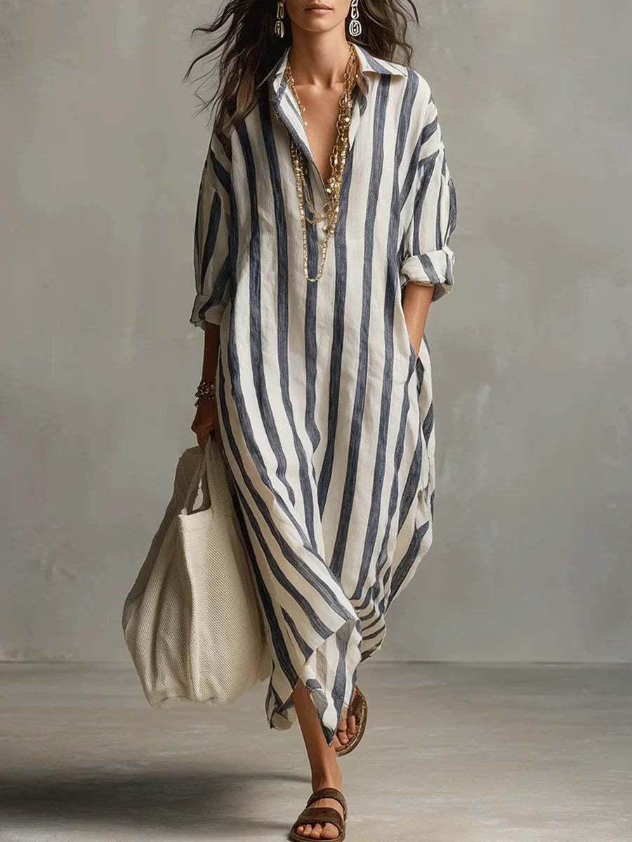 Robe Midi Chemise Femme Lin Rayé Col V Manches Trois-Quarts Ample Casual Chic Vacances Plage Week-End – Amarise