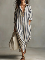 Robe Midi Chemise Femme Lin Rayé Col V Manches Trois-Quarts Ample Casual Chic Vacances Plage Week-End – Amarise