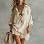 Zweiteiliges Damenensemble Leinen Baumwolle Oversize-Hemd mit umgeschlagenem Kragen Passende Shorts Casual Chic Strand Urlaub Sommer – Orlinda