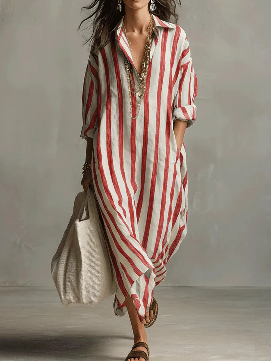 Robe Midi Chemise Femme Lin Rayé Col V Manches Trois-Quarts Ample Casual Chic Vacances Plage Week-End – Amarise
