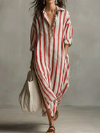 Robe Midi Chemise Femme Lin Rayé Col V Manches Trois-Quarts Ample Casual Chic Vacances Plage Week-End – Amarise