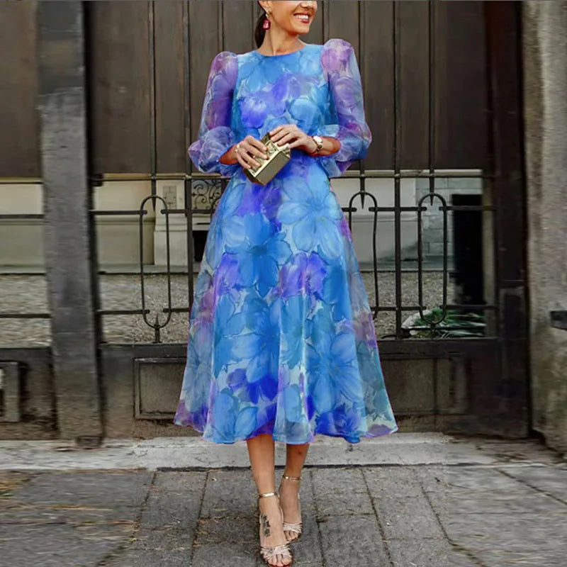Robe Midi Florale pour Femme Invité de Mariage Manches Longues Transparentes Fluide Romantique Élégante Formelle