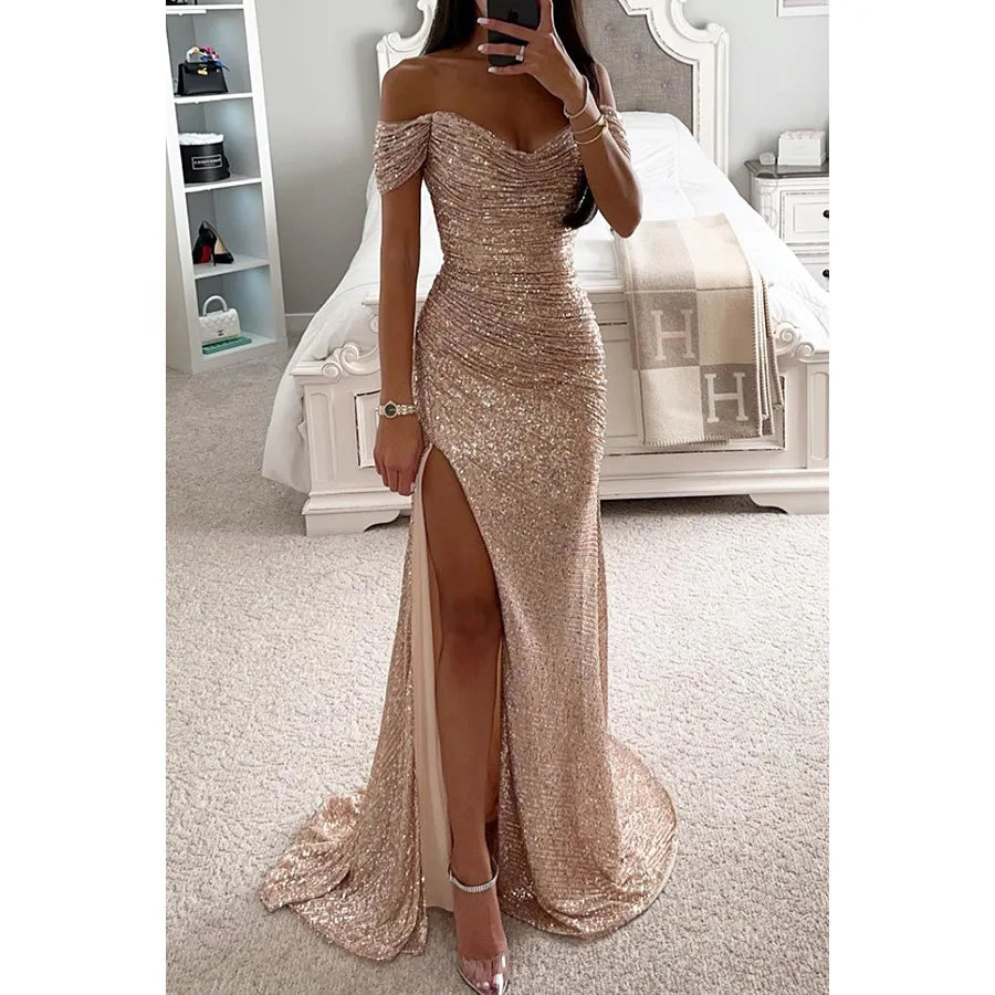 Robe de Soirée Élégante Longue à Épaules Dégagées en Sequins avec Fente – Wensilian