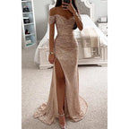 Robe de Soirée Élégante Longue à Épaules Dégagées en Sequins avec Fente – Wensilian
