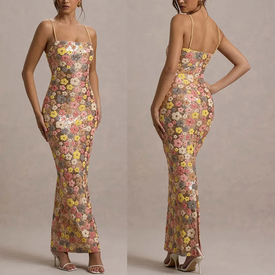 Vestido Mujer Largo Lentejuelas Flores Patchwork Sin Mangas Tirantes Bodycon Fiesta Formal Gala Cóctel Noche de Cita Boda Invitada Alfombra Roja – Aurelia