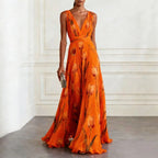 Robe Longue Femme Col V Profond Sans Manches Drapée Chiffon Imprimé Floral Mariage Soirée Garden Party Bal – Tulipane
