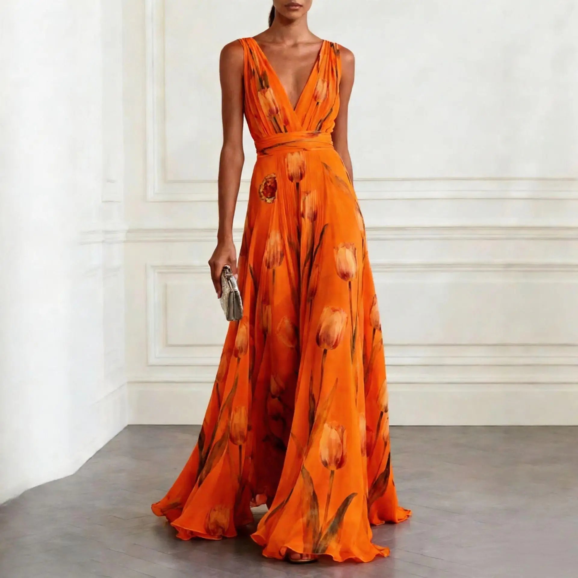 Robe Longue Femme Col V Profond Sans Manches Drapée Chiffon Imprimé Floral Mariage Soirée Garden Party Bal – Tulipane