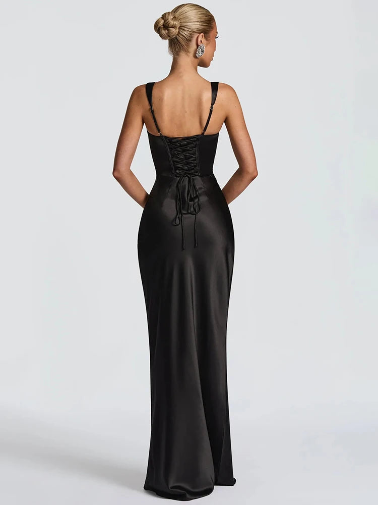Vestido Mujer Largo Halter Espalda Descubierta Encaje Bodycon Sin Mangas Ajustado Formal Gala Cóctel Club Noche de Cita Boda Invitada – Valentina