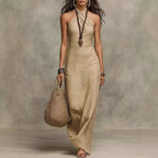 Vestido largo para mujer con cuello halter cruzado, sin mangas, hombros descubiertos, lino ajustado, playa, noche, vacaciones, casual chic – Halcyone