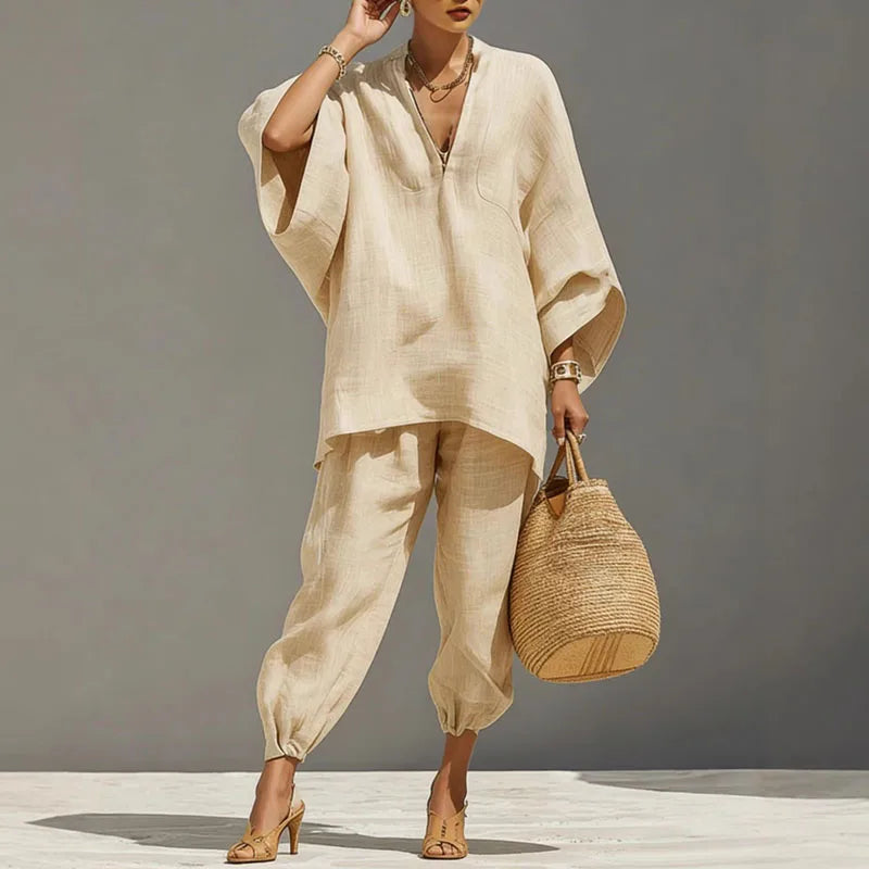 Dames tweedelig set van linnen, vloeiende top met vleermuismouwen, taps toelopende broek, casual chic, avond, vakantie – Cordélia
