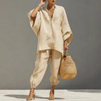 Dames tweedelig set van linnen, vloeiende top met vleermuismouwen, taps toelopende broek, casual chic, avond, vakantie – Cordélia