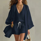 Dames driedelig set van linnen-katoen, top met V-hals, mouwloos, short met koord, kimono, casual chic, strand, vakantie – Claudine