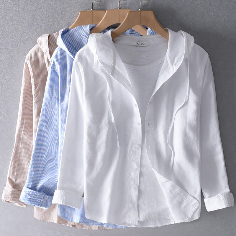 Blouse en Lin Mélangé Respirante pour Femme avec Capuche, Patte de Boutonnage, Coupe Ample, Décontractée – Blanche