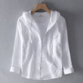 Blouse en Lin Mélangé Respirante pour Femme avec Capuche, Patte de Boutonnage, Coupe Ample, Décontractée – Blanche