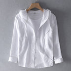 Blouse en Lin Mélangé Respirante pour Femme avec Capuche, Patte de Boutonnage, Coupe Ample, Décontractée – Blanche