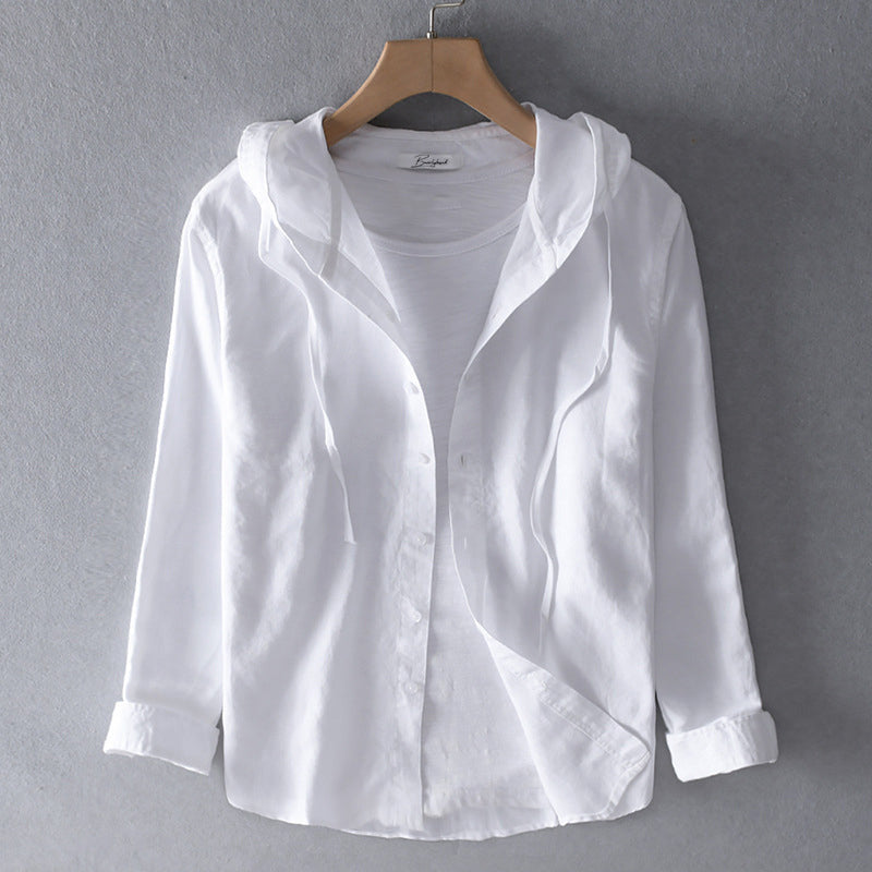 Blouse en Lin Mélangé Respirante pour Femme avec Capuche, Patte de Boutonnage, Coupe Ample, Décontractée – Blanche