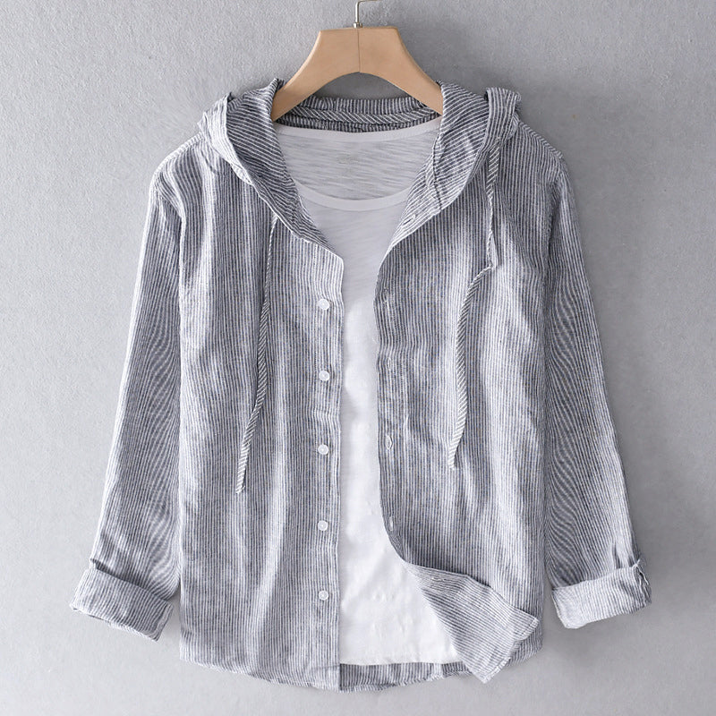 Blouse en Lin Mélangé Respirante pour Femme avec Capuche, Patte de Boutonnage, Coupe Ample, Décontractée – Blanche