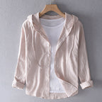 Blouse en Lin Mélangé Respirante pour Femme avec Capuche, Patte de Boutonnage, Coupe Ample, Décontractée – Blanche