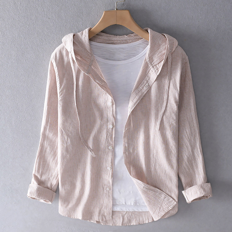 Blouse en Lin Mélangé Respirante pour Femme avec Capuche, Patte de Boutonnage, Coupe Ample, Décontractée – Blanche
