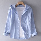 Blouse en Lin Mélangé Respirante pour Femme avec Capuche, Patte de Boutonnage, Coupe Ample, Décontractée – Blanche