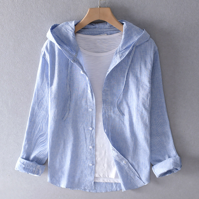 Blouse en Lin Mélangé Respirante pour Femme avec Capuche, Patte de Boutonnage, Coupe Ample, Décontractée – Blanche