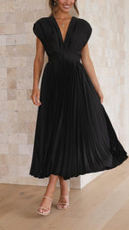 Abito midi plissettato elegante da donna con scollo a V, drappeggiato, fluido, invitata a matrimonio, casual, formale – Maria