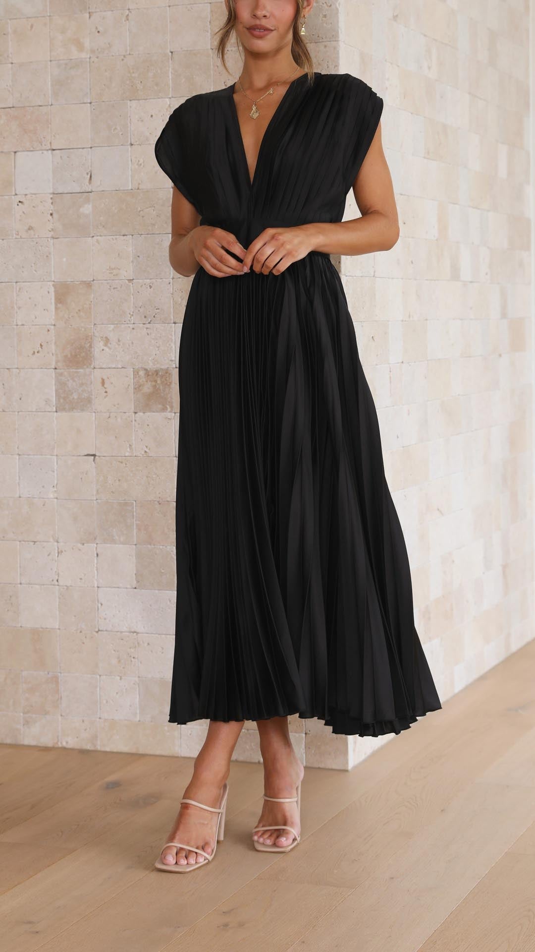 Abito midi plissettato elegante da donna con scollo a V, drappeggiato, fluido, invitata a matrimonio, casual, formale – Maria
