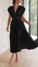 Abito midi plissettato elegante da donna con scollo a V, drappeggiato, fluido, invitata a matrimonio, casual, formale – Maria