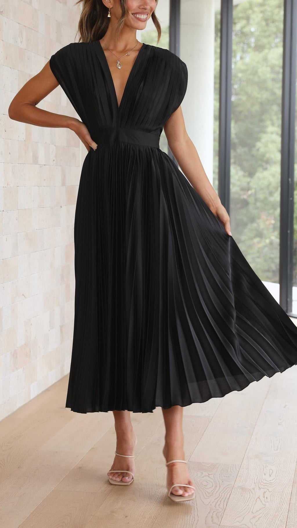Abito midi plissettato elegante da donna con scollo a V, drappeggiato, fluido, invitata a matrimonio, casual, formale – Maria
