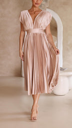 Abito midi plissettato elegante da donna con scollo a V, drappeggiato, fluido, invitata a matrimonio, casual, formale – Maria