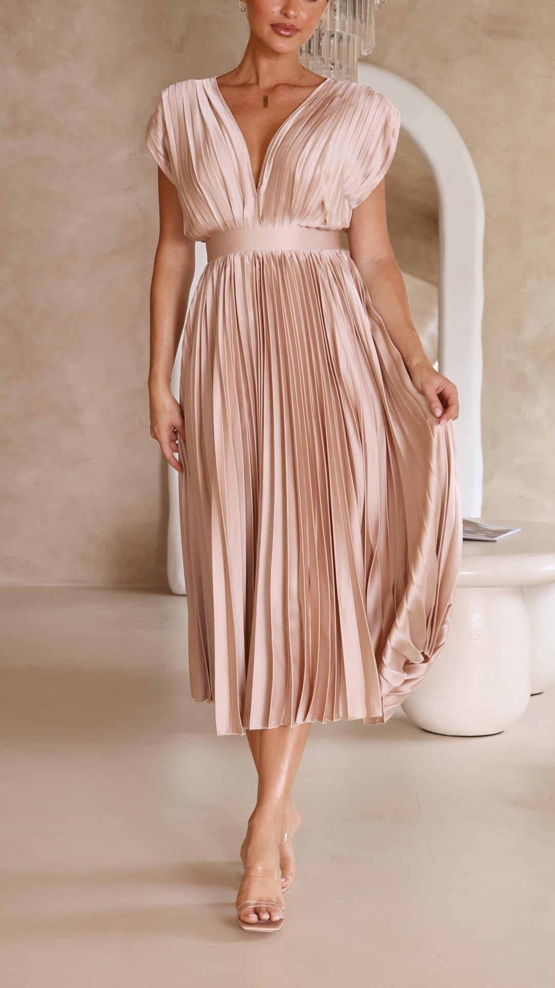 Vestido midi plisado elegante para mujer con escote en V, drapeado fluido, invitada de boda, casual, formal – Maria