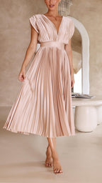 Abito midi plissettato elegante da donna con scollo a V, drappeggiato, fluido, invitata a matrimonio, casual, formale – Maria